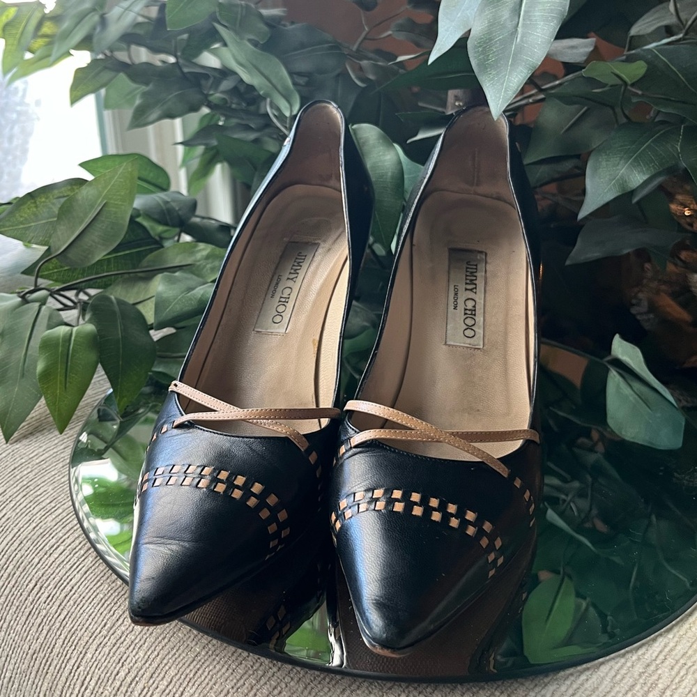 Jimmy Choo Black Leather Pointed-Toe Heels with Nude Trim